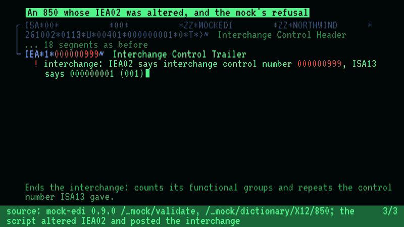 The capture script asked mock-edi to place an order, and the X12 850 the mock wrote is typed segment by segment from ISA to IEA, each named from the mock's own dictionary, the envelope segments included. The script then altered IEA02, the interchange control number, in a copy and posted the copy to /_mock/validate. Only the altered IEA is typed again, with the mock's refusal beneath it and the wrong number in red.