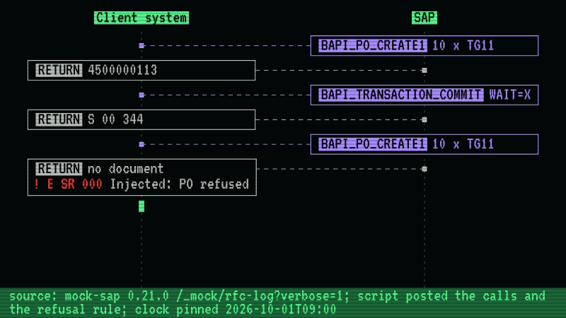 A client asks mock-sap to create a purchase order with BAPI_PO_CREATE1 and then commits it. Each call is answered by a RETURN, the first carrying the new order's number. The same create is then refused with message E SR 000. The capture script posted the rule that told the mock to refuse it.