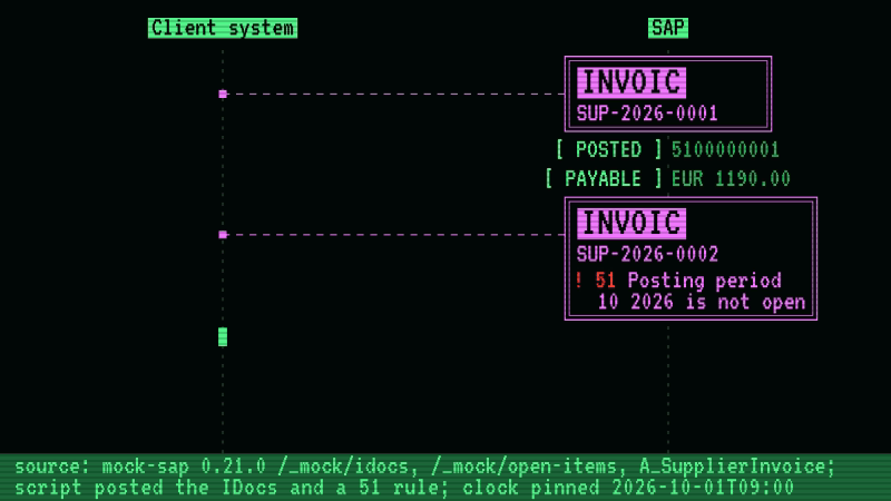 Two supplier invoices are sent to mock-sap as INVOIC IDocs for one purchase order. The first posts and leaves EUR 1190.00 payable. The second is refused with status 51, "Posting period 10 2026 is not open". The capture script told the mock to refuse it; mock-sap itself does not check posting periods.
