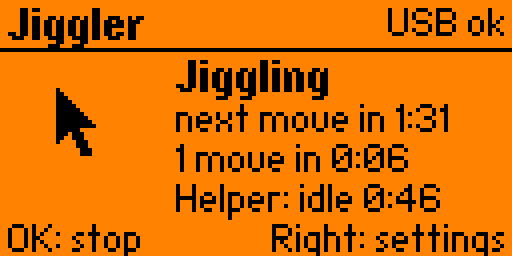 Jiggler on the Flipper's orange screen: "Jiggler" and "USB ok" across the top, a mouse pointer on the left, and beside it "Jiggling", "next move in 1:31", "1 move in 0:06" and "Helper: idle 0:46". The bottom line reads "OK: stop" and "Right: settings".