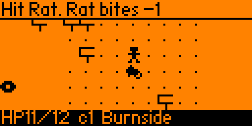 NW Crawl on the Flipper's orange screen: the player stands next to a rat on a dotted floor, with street-sign walls around them. The top line reads "Hit Rat. Rat bites -1" and the bottom line "HP11/12 c1 Burnside".