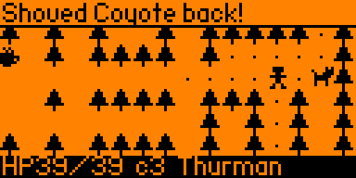 Further north among the pine trees of Forest Park: the player with a coyote two tiles to the right. The top line reads "Shoved Coyote back!" and the bottom line "HP39/39 c3 Thurman".