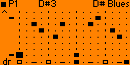 Step Seq on the Flipper's orange screen. The top bar reads "P1", "D#3" and "D# Blues". Below it a dotted grid of 16 steps has one filled block per step at different heights, a melody climbing and falling, and along the bottom a drum row marked "dr" of filled blocks, hollow blocks and dashes for kick, snare and hi-hat.
