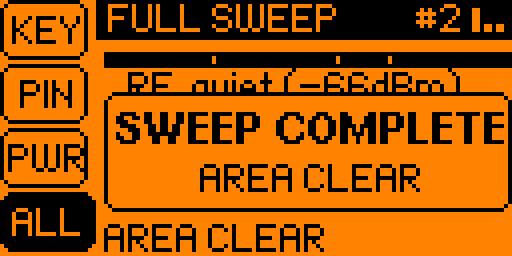 The ALL tab at the end of a pass: "FULL SWEEP #2" in the top bar, and a framed card over the sweep that reads "SWEEP COMPLETE" and "AREA CLEAR".