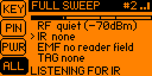 The full sweep partway through a pass: a progress bar with a notch for each sensor under the top bar, then "RF quiet (-70dBm)", "IR none" with an arrow beside it, "EMF no reader field", "TAG none", and "LISTENING FOR IR" at the bottom.