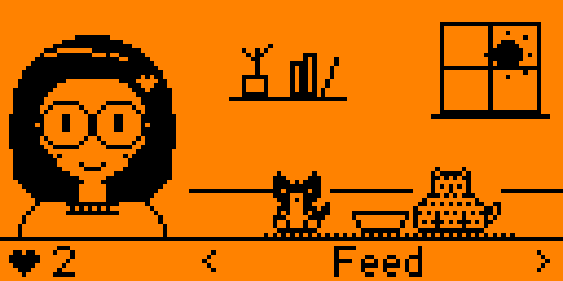 Yulia's Cats on the Flipper's orange screen: Yulia in round glasses on the left, a shelf with a plant and books, the sun in the window, and her two cats on the floor either side of the food bowl. The bottom bar shows a heart and 2, and "Feed" between arrows.