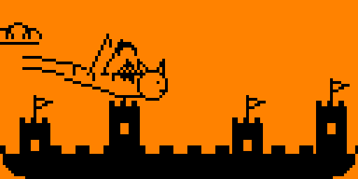 One of Yulia's dreams: a winged cat flies over a castle wall with flags on its towers, a cloud behind it.