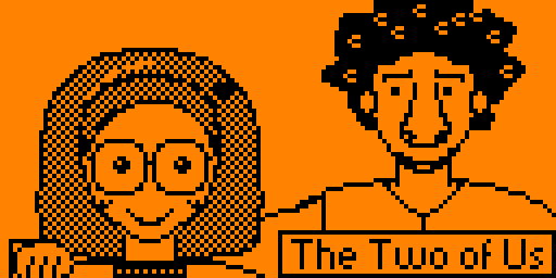 Another of her pictures, titled "The Two of Us": Yulia in round glasses, smiling, beside a tall man with curly hair whose long arm is round her shoulders.